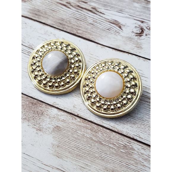 Vintage Clip On Earrings - 1.5" Large Gold Tone with Unusual Center Statement - Picture 2 of 5